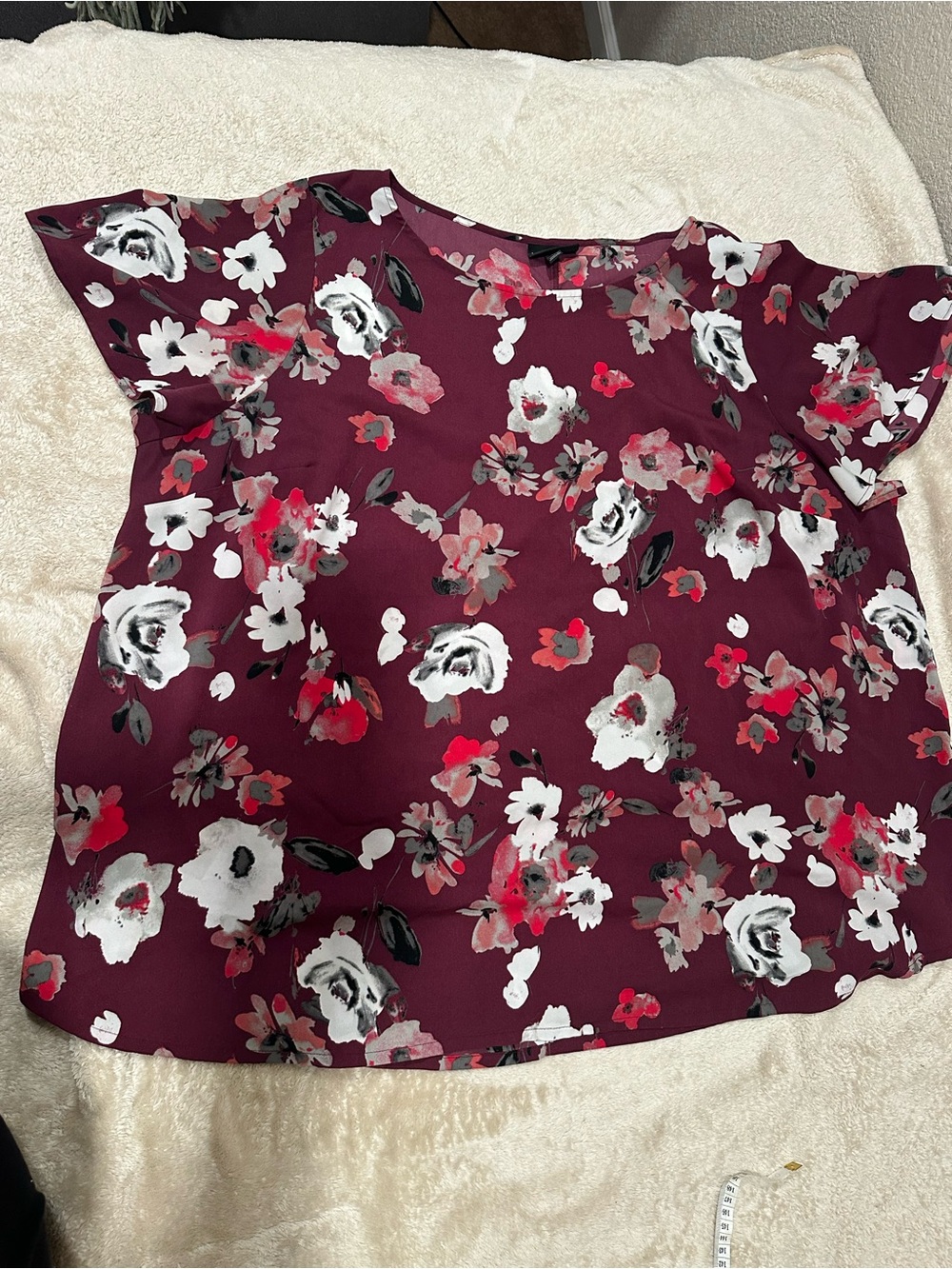 Lane Bryant Burgundy Floral Short-Sleeve Blouse